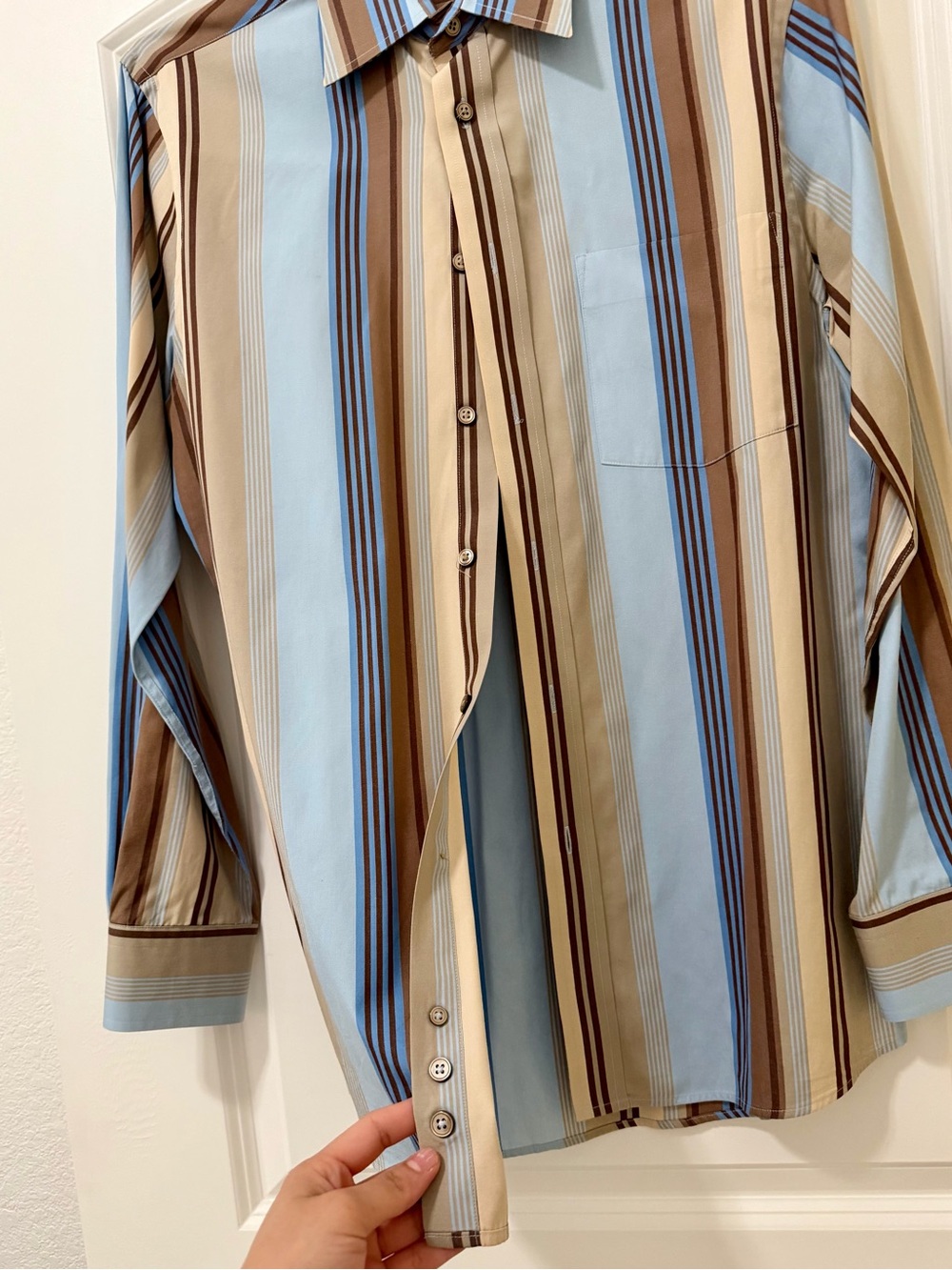Express Men’s Dress Shirt Small S Blue Tan Brown Striped Button Up Long Sleeve - Picture 3 of 10